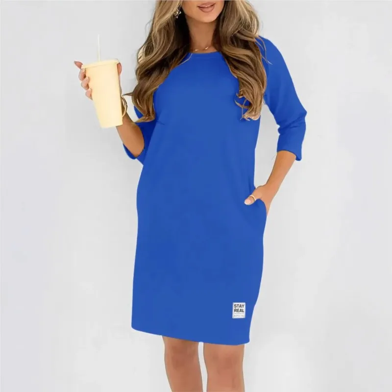 2025 ฤดูร้อนสีทึบเสื้อยืดชุดรอบคอPullover Quarter Sleeveตรงหลวมชุดลําลองชุดสําหรับสตรี