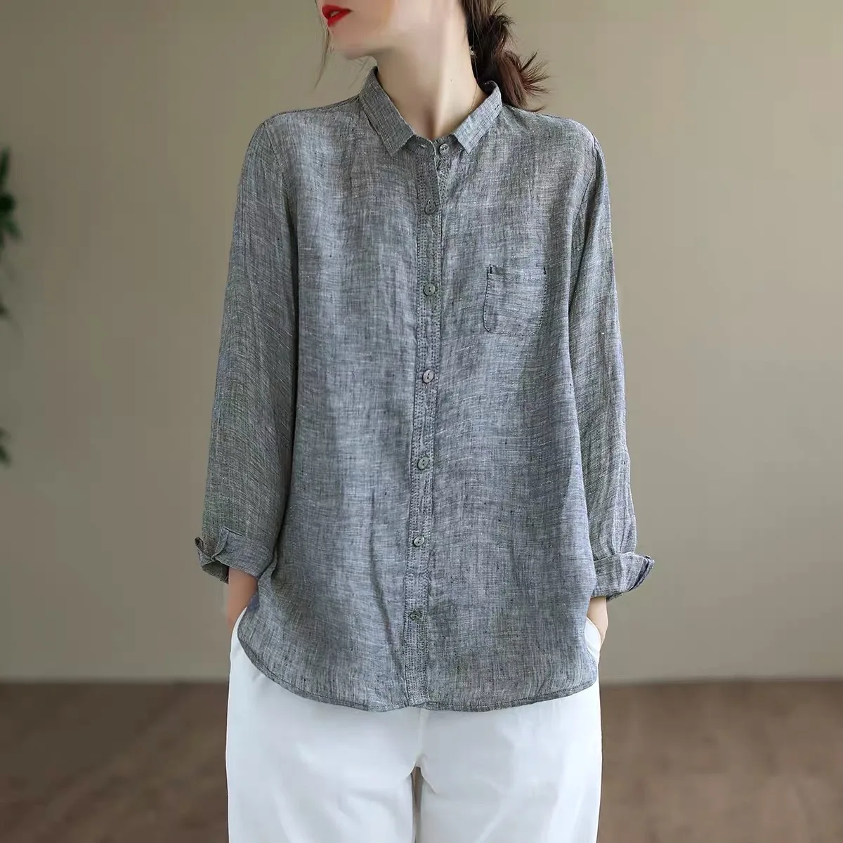 Casual Cotton Linen Shirt Long Sleeve Women's Regular Fit Button up  Neck  Color Autumn Fashion Commute Style
