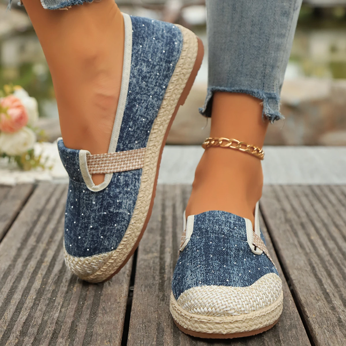 Mocasines planos de lona de lino a rayas para mujer, mocasines informales cómodos de estilo vegano, color gris y azul, novedad de 2024