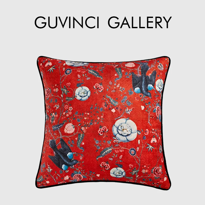 GUVINCI Retro Charm Magpie Bird Cushion Covers Vintage Red Floral Decorative Throw Pillow Case Luxury Coussin For Sofa Couch Bed