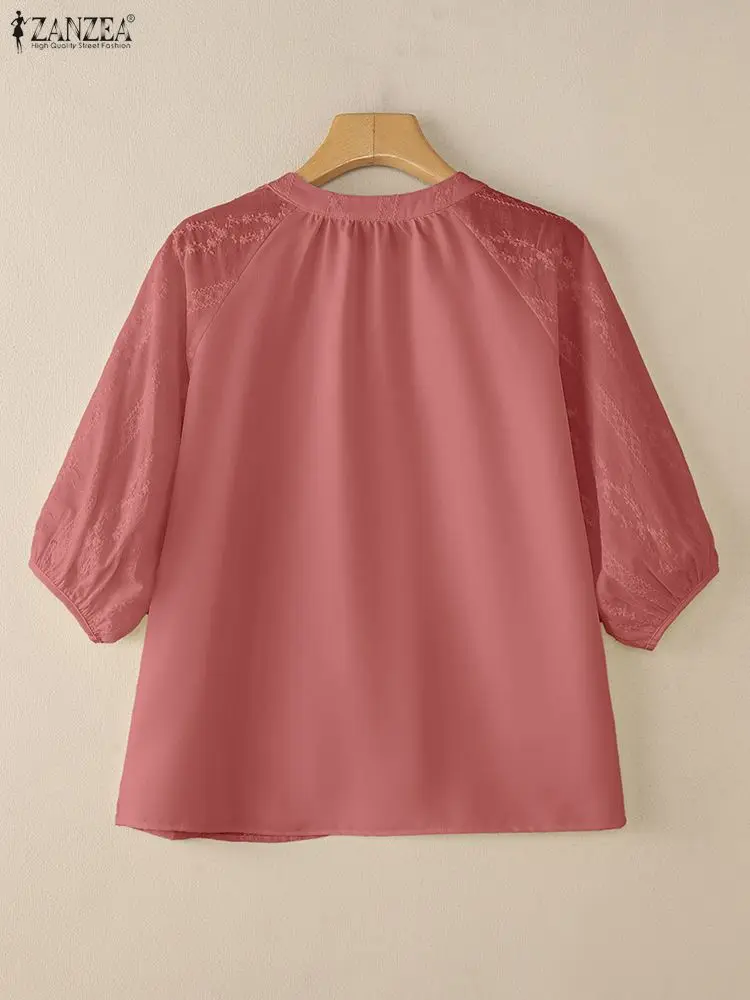 Elegant Shirts 2025 ZANZEA Summer Embroidered Blouse Women Casual O Neck Half Sleeve Work Blusas Loose Chemise Button Tops Tunic