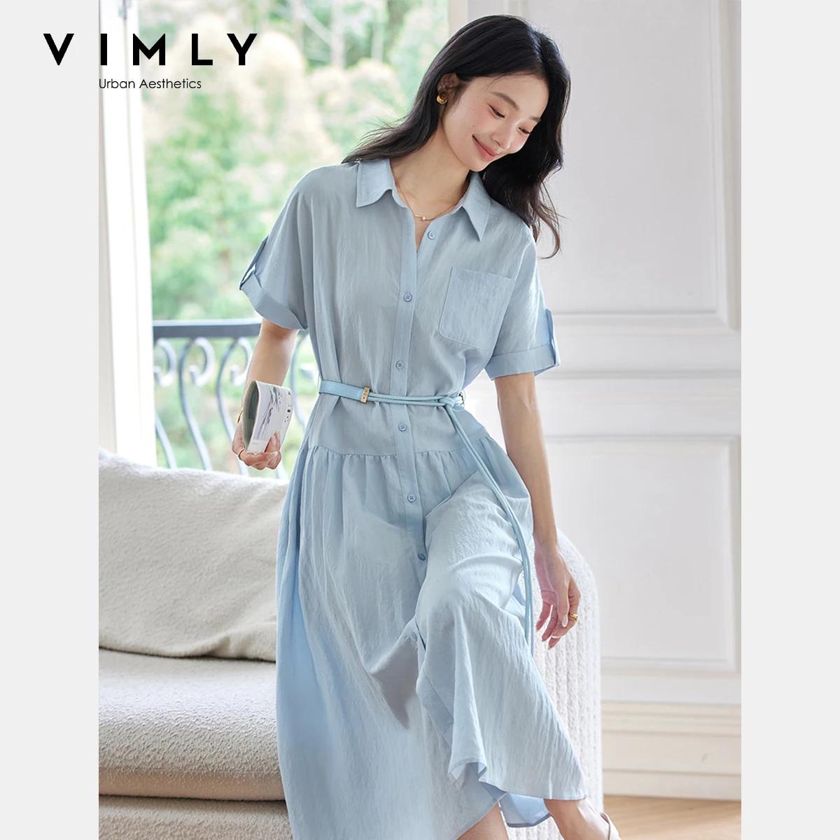 VIMLY bleu chemise robe femmes 2025 été dames Midi français a-ligne avant poches Polo ceinture Robes femme Robes Midi A2515