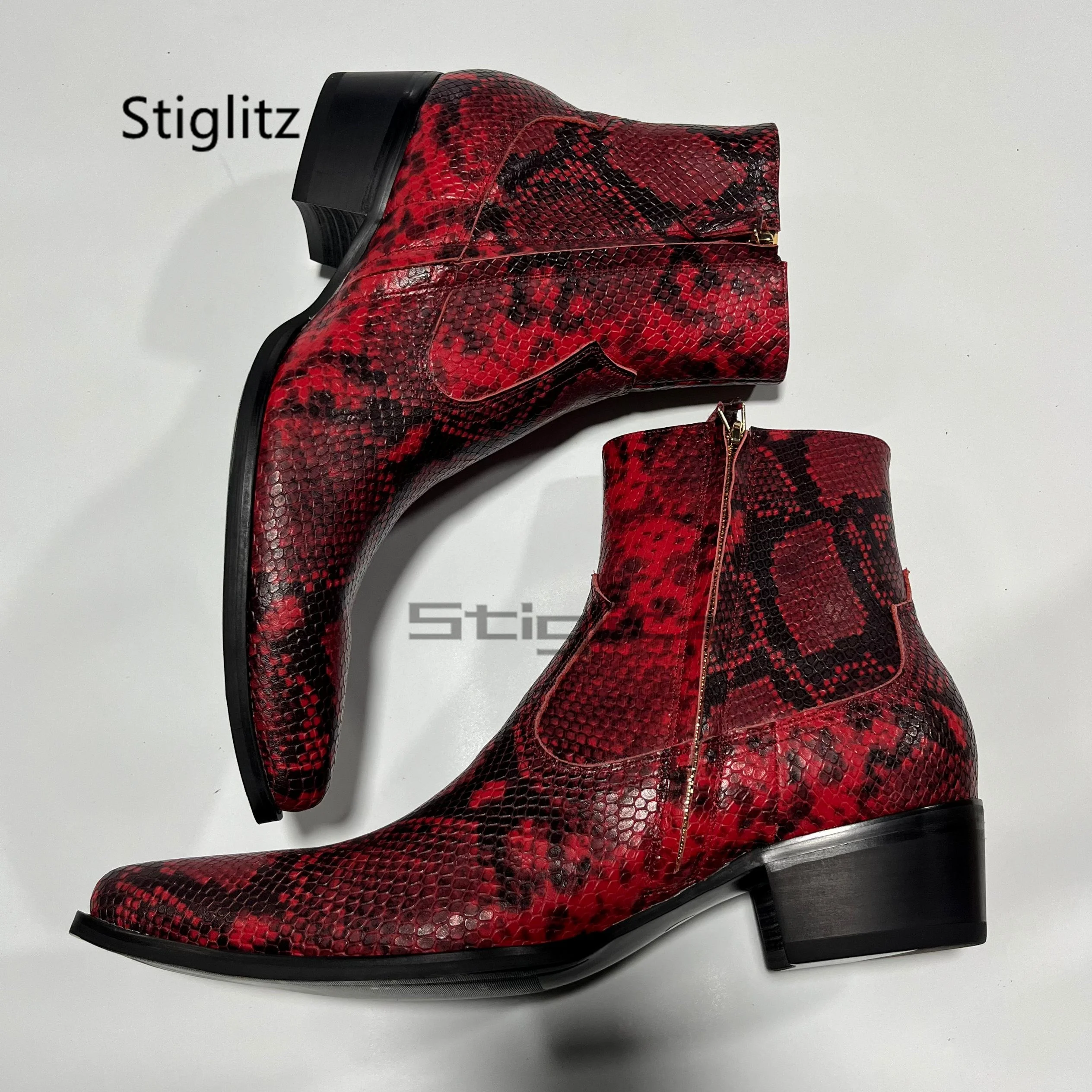 

Мужские ботинки челси с узором под змеиную кожу, из натуральной кожи, с красно-желтыми принтами, с острым носком, высокие, разноцветные, деловая обувь