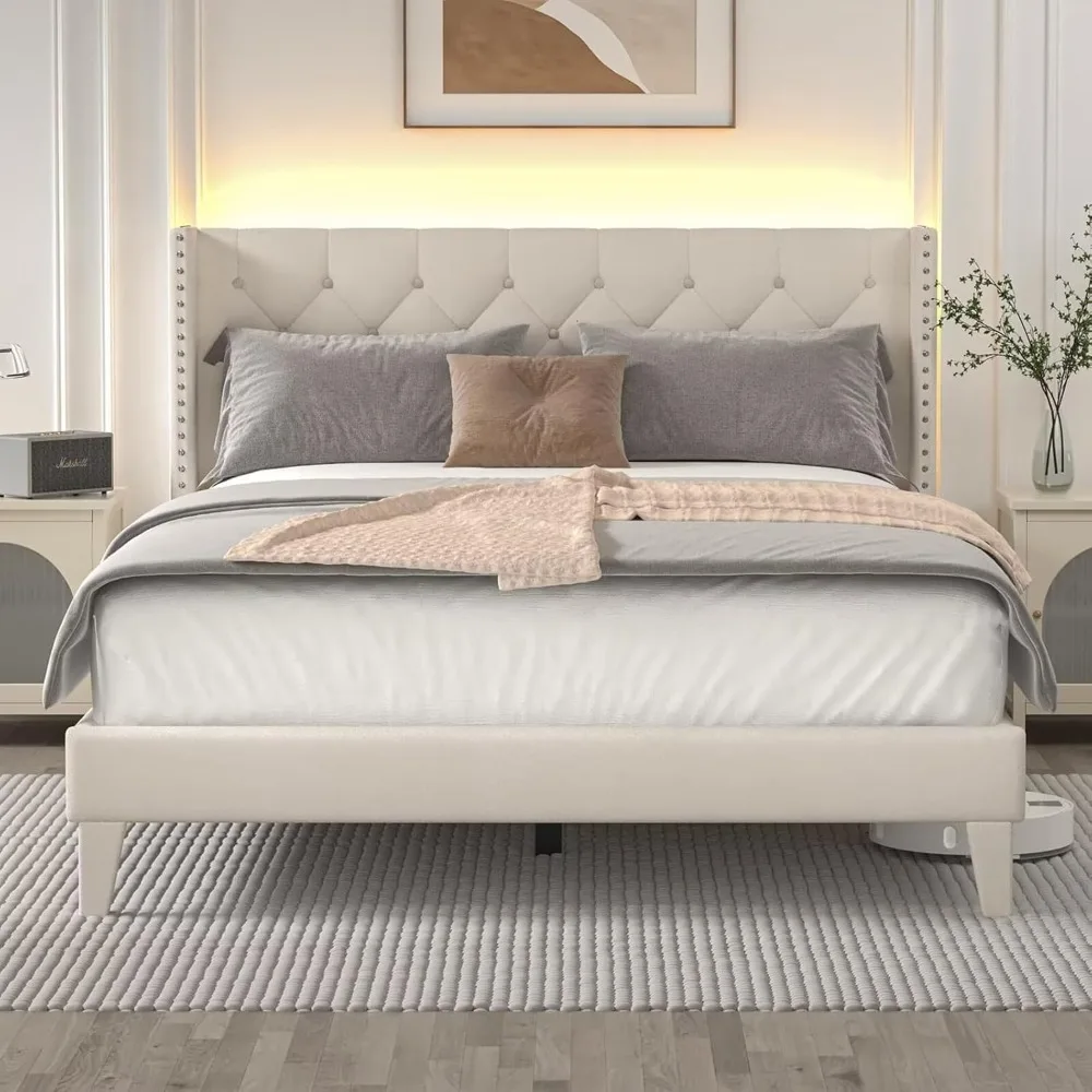Queen Size Bed Frame with LED Lights, Upholstered Bed Frame with Wingback Diamond Tufted Headboard, Wood Slats Support, Noise-Fr