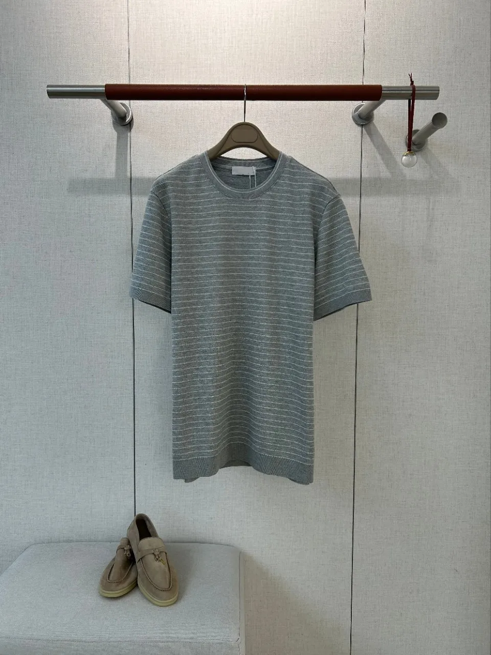 Mens Old Money Style High Count Combed Cotton Blend Stripe Crew Neck Knit Short Sleeve Breathable Wrinkle Resistant Drape T Shir