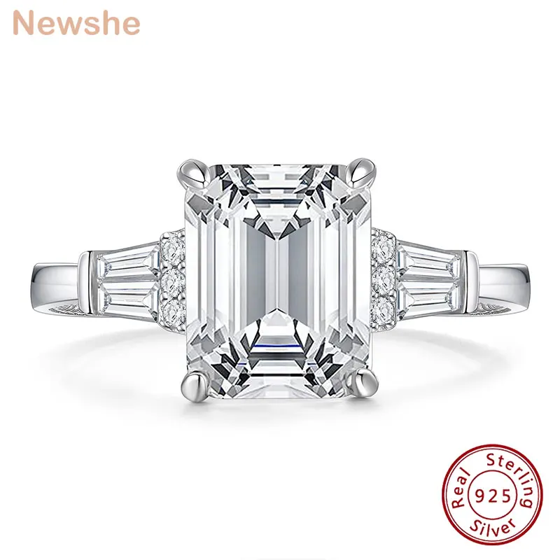 Newshe 925 Sterling Silver 4.5 Carat Engagement Ring for Women Emerald Cut 5A Cubic Zirconia Anniversary Rings Wedding Jewelry