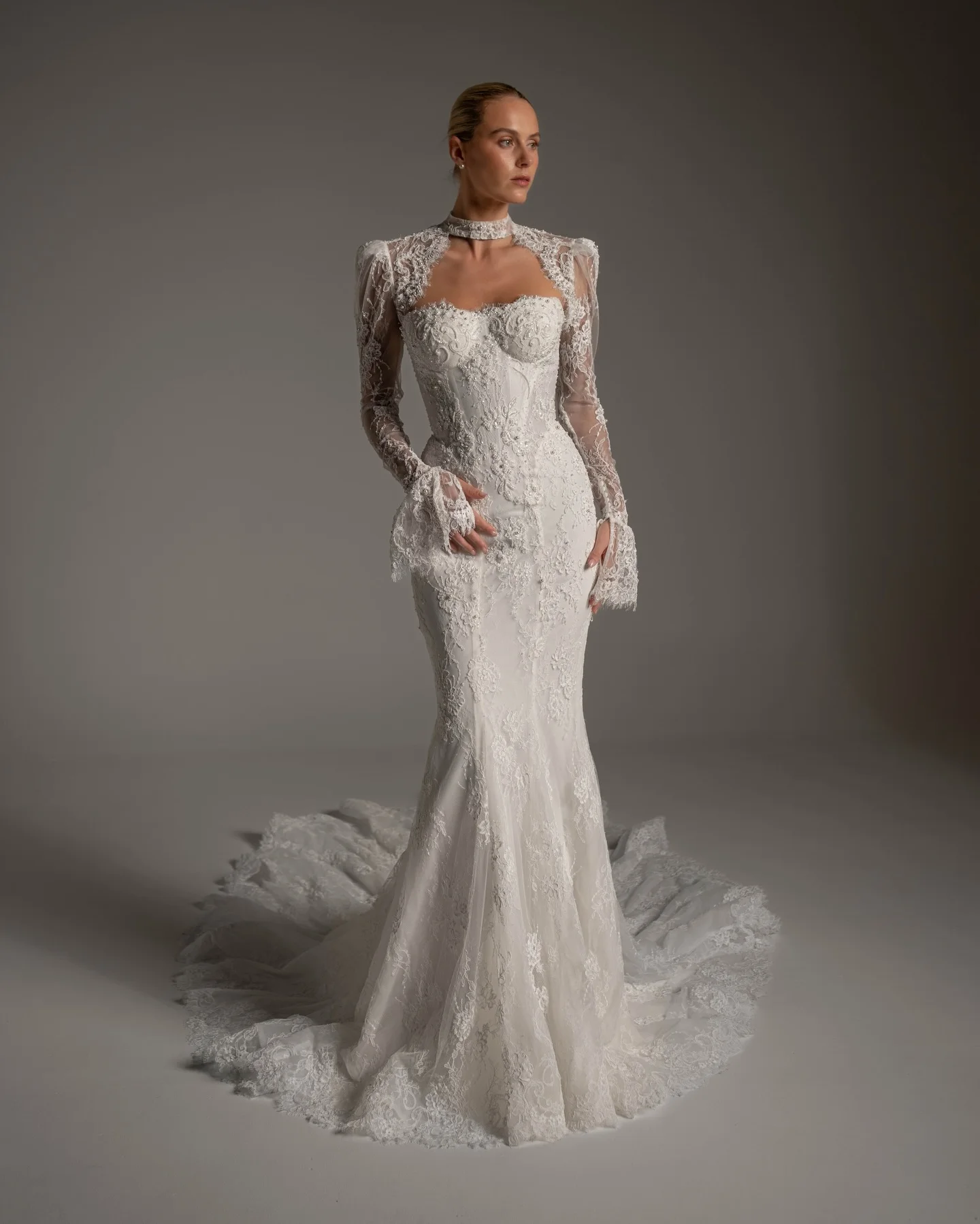 Sheer Fairy Wedding Dresses Elegant Mermaid Lace High Neck Beaded Long Sleeve Backless Button Dubai Bridal Gown SW164 Customized