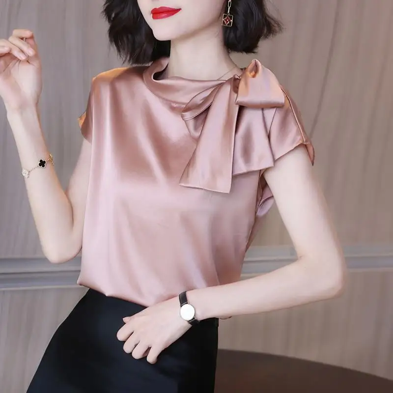 Temperament Bow Patchwork Blouse Summer New Solid Color Thin Loose Short Sleeve Elegant Shirt Tops Fashion Trend Women Clothing