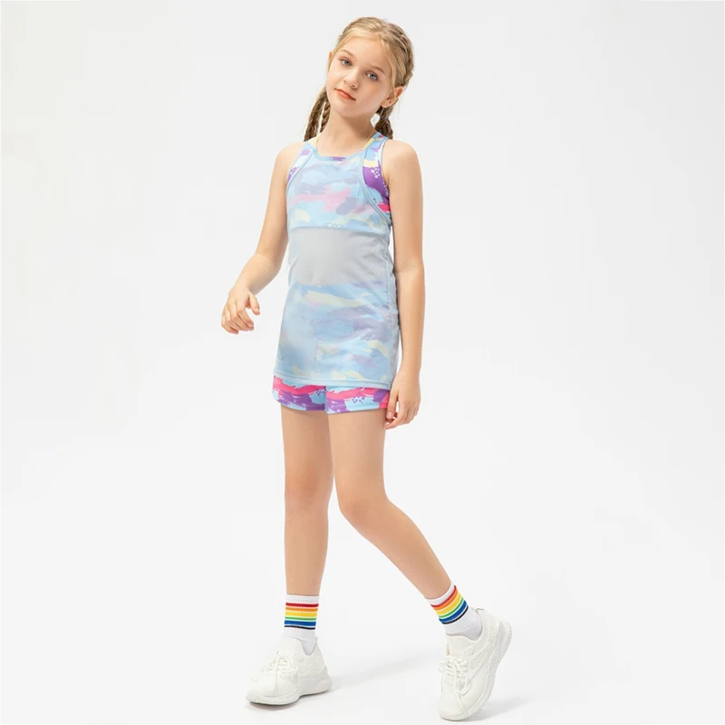 Children Girls Sportswear Vest Sleeveless Fake Two Piece Mesh Vest Tops for Dance Yoga Running Workout Tracksuit Outfits