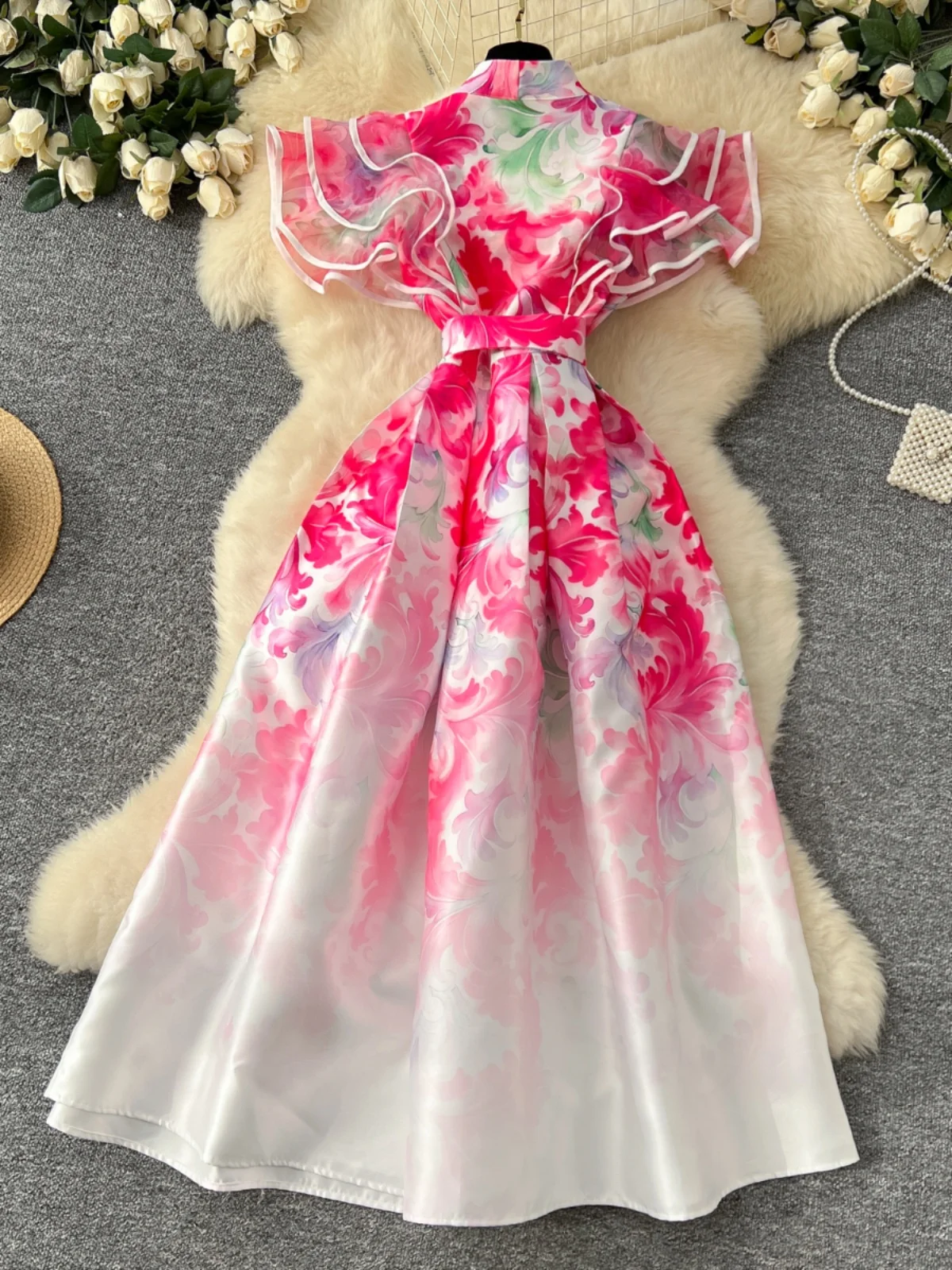 Faionable V-Ausschnitt Plissee Svel Schlankheitsdruck Maxirock Dr Court Sle Damen Hohe Taille A-Linie Dr Koreanische Version