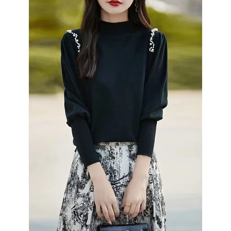 

Knitted Bottom Shirt Women'S Beading Sweater Pullover Casual Vintage Retro Jumper Knitwear Autumn Winter Tops Long Sleeve O Neck