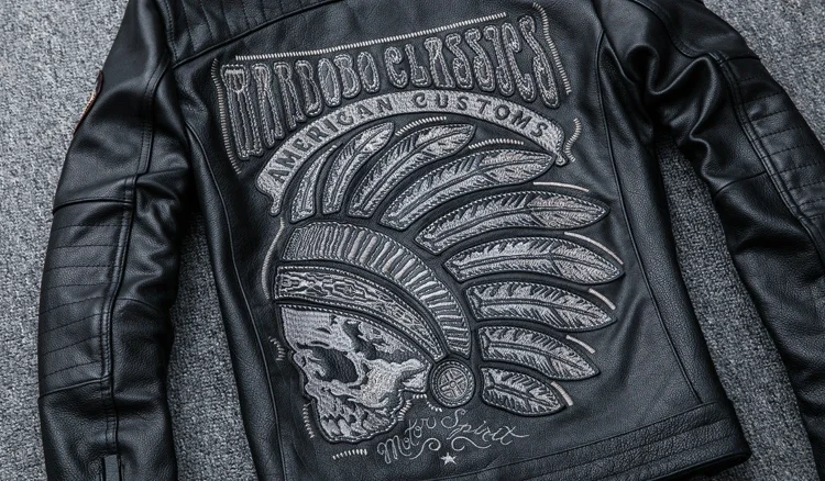 2025 New Black Embroidery Skull Motorcycle Leather Jackets Natural Cowhide Moto Jacket Biker Leather Coat Slim Clothing