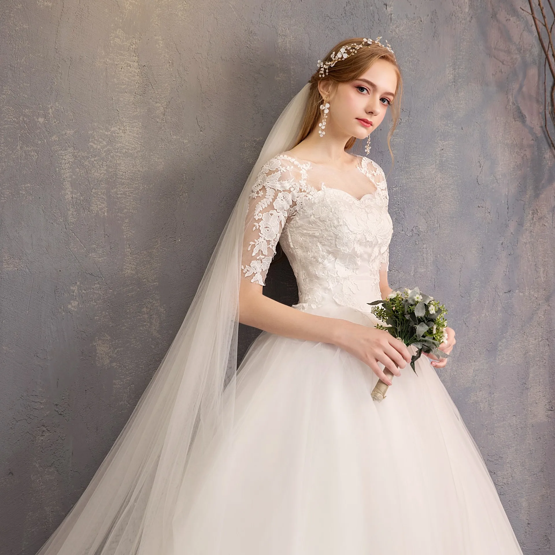 Guxqd Witte Baljurk Vloerlengte Trouwjurken Halfmouwen Appliques Bruidsjurken Formele Vestido De Noiva Robe De Mariée