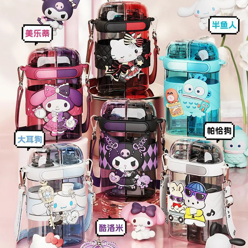 

640ML Sanrio Kuromi Mymelody Cartoon Tritan Double-drink Straw Cup with separate compartments Crossbody Water Bottle Kids Gifts