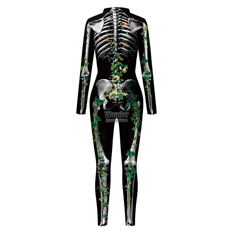 Women Men Flowers  Skull Body Skeleton 3D Printing Jumpsuit Adult Halloween Cosplay Costumes Party Role Playing Dress Up Outfit