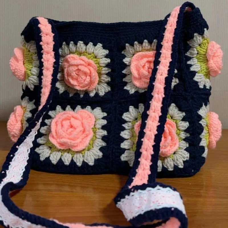 Hand woven three-dimensional flower shoulder bag, camellia crossbody bag, women's storage bag with lining, shopping bag