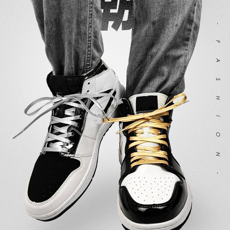 Flat Leather PU Shoelaces Waterproof Metal Head Shoe Laces Gold Silver Laser Reflective Shoelace for AF1 Sports Basketball Shoes