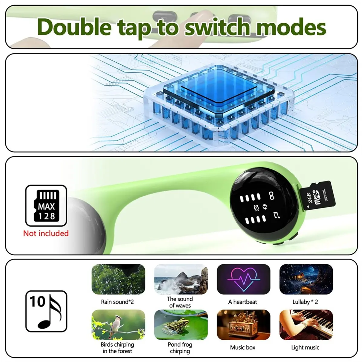 

*ABAB Портативный спальный динамик BT с костной проводимостью Встроенный 10 натуральных звуков Белый шум TF-карта Музыкальная шкатулка под подушкой