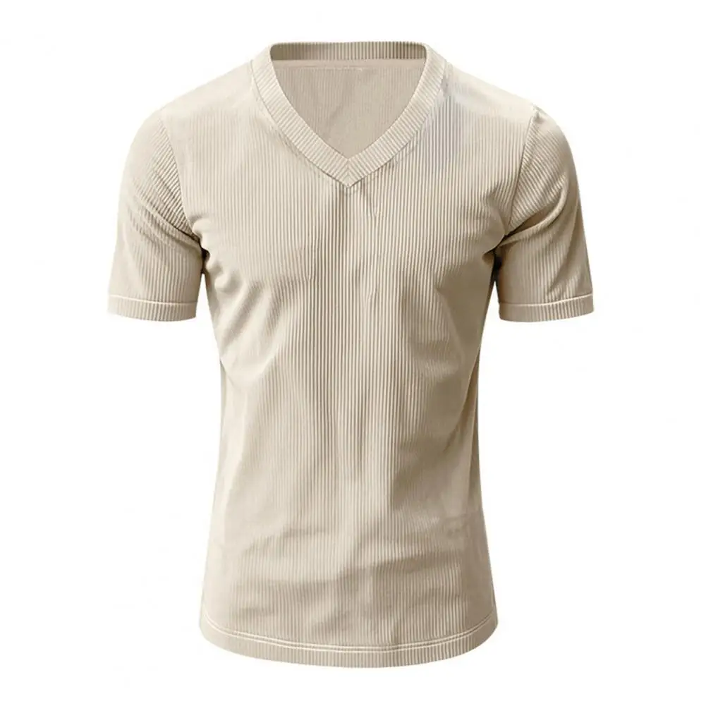 Men's V-Neck Corduroy T-Shirt Summer Ribbed Knit Tee Shirt Short Sleeve Casual Business Top for Work Vacation Street