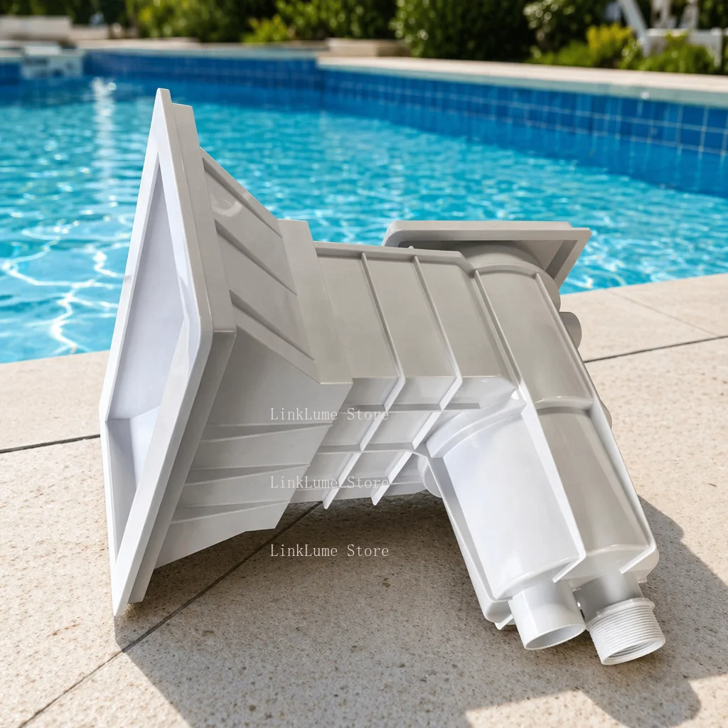 Wide-mouth above-ground pool skimmer with filter basket, wall-mounted surface cleaner for pool filtration