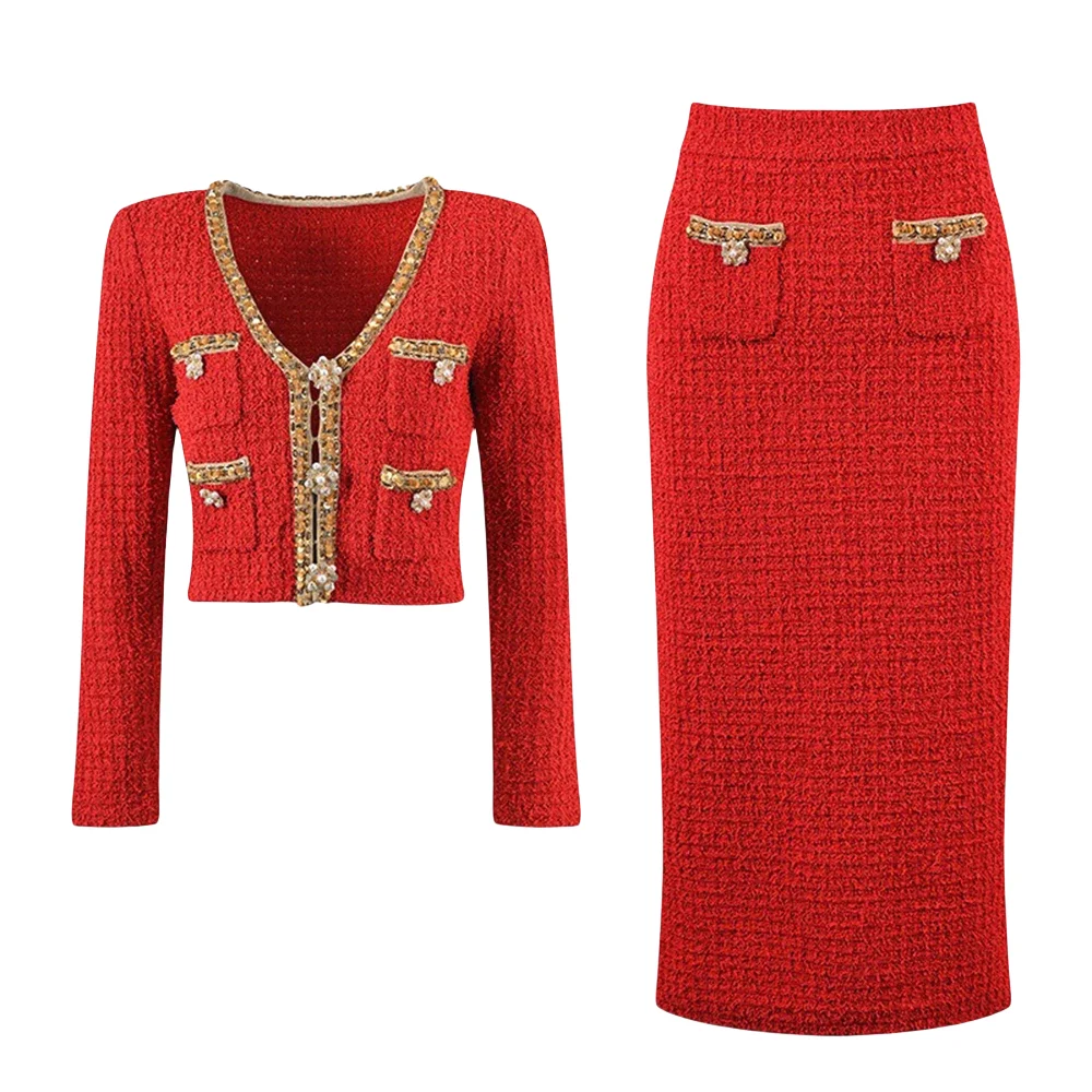 Xmas outfit Charming Red formal party Tweed Women 2Pcs Skirt Sets V-neck Short Sequined Tops Slim Luxury Lady vintage Suits