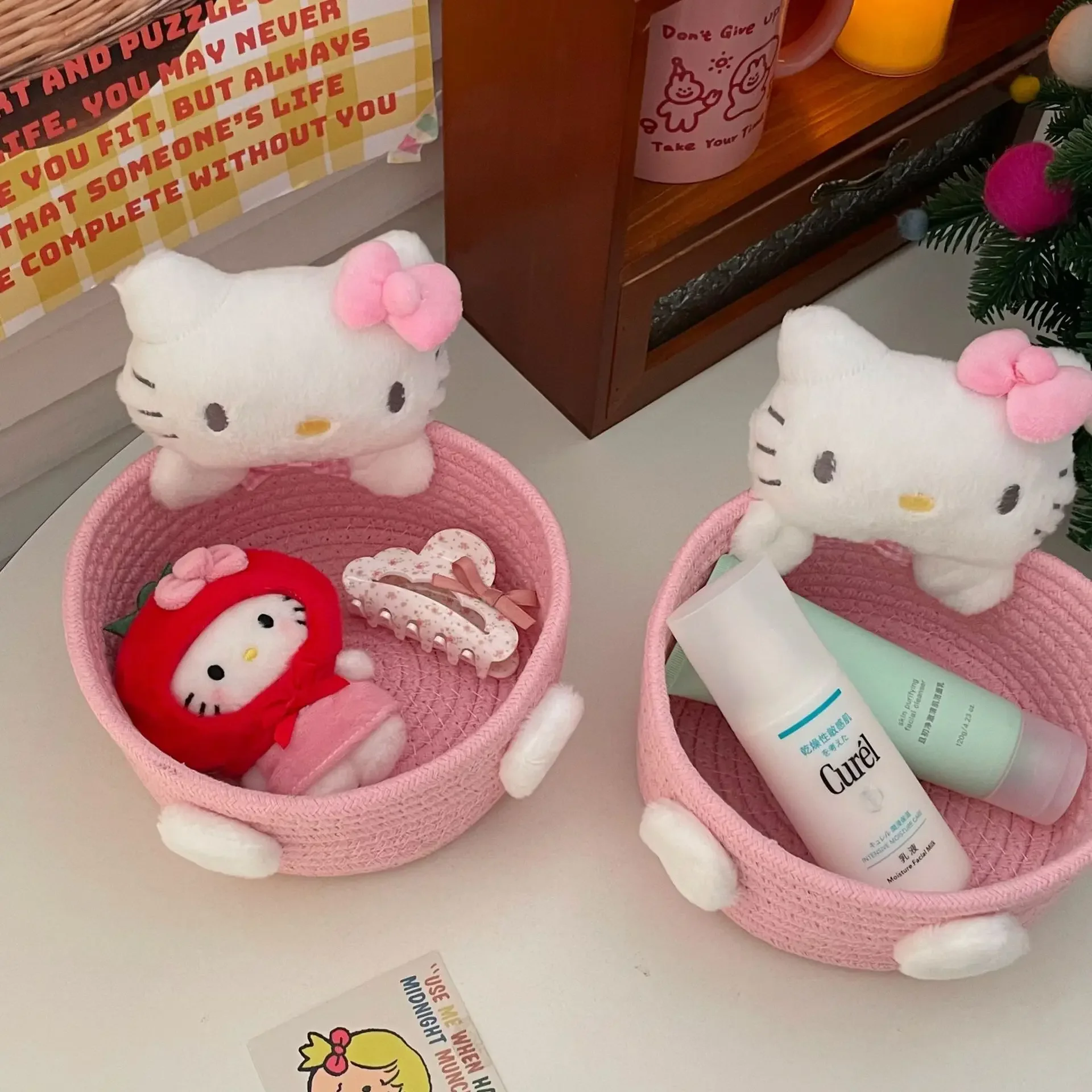 Linda Cesta de Almacenamiento de Cosméticos de Hello Kitty por el 50 Aniversario, Accesorios Hechos a Mano con Cuerda de Algodón, Cesta de Almacenamiento para Escritorio, Regalo para Niñas