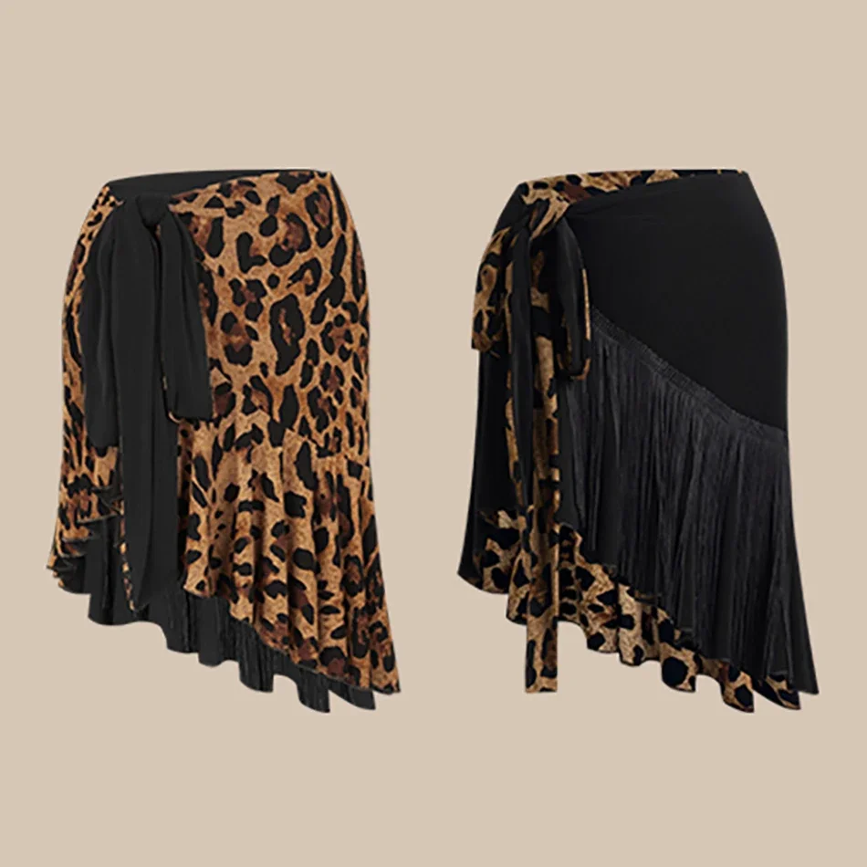 

Summer Female Latin Dance Leopard Skirts Adult Women Sexy Two Side Wear Stage Performance Dancewear Fringe Tassels Skirt Costume