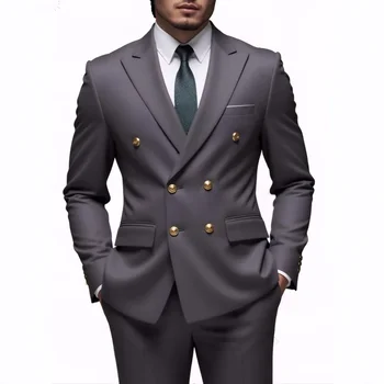 Men Double Breasted Suit Black Slim Fit High Quality Wedding Costume Party Prom Gold Button Male Suits 5