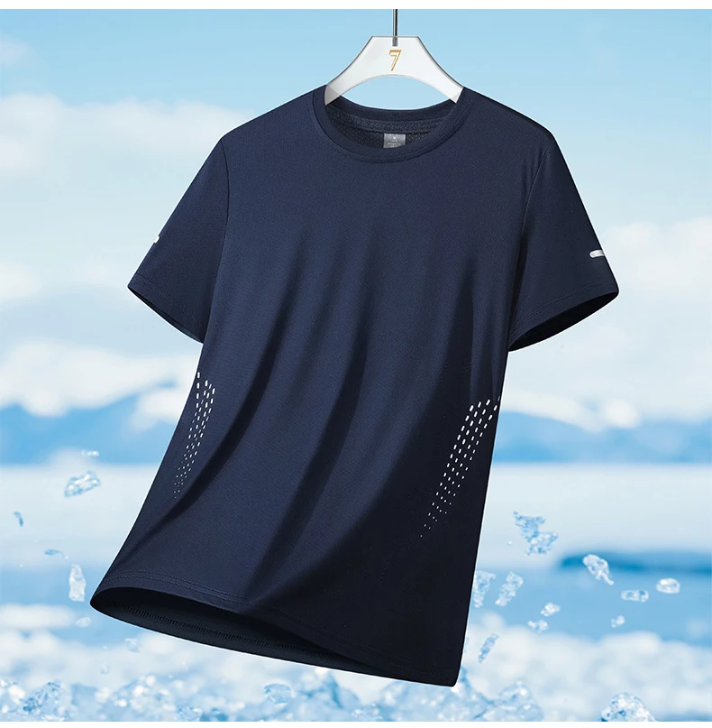 CHRLCK Herren-Lauf-T-Shirts, schnell trocknend, atmungsaktiv, zum Wandern, Angeln, weiche Elastizität, Outdoor-Sport, kurzes Hemd, Sommer – Detail 11