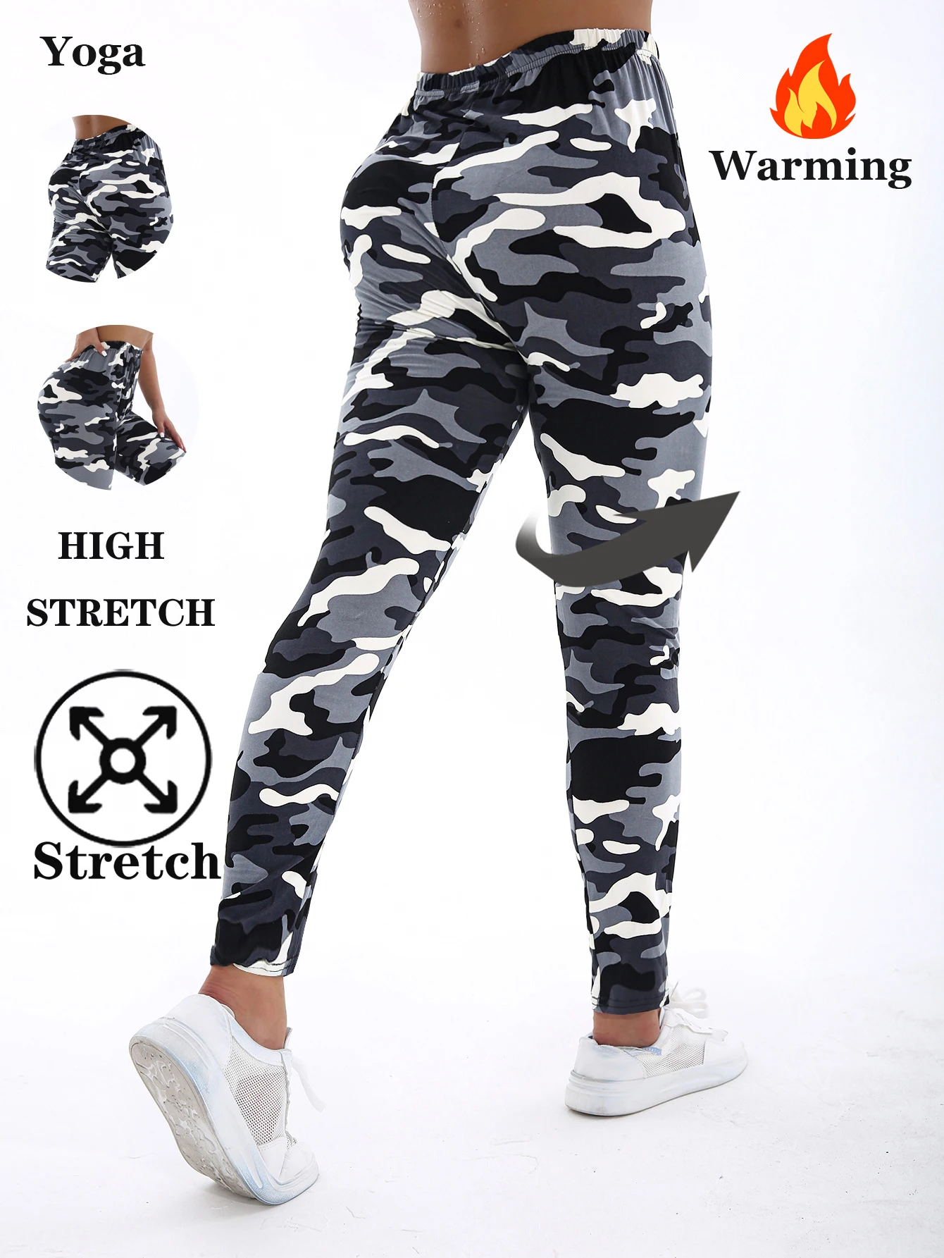 Autumn Winter 1PACK Women's White Grey Camouflage Thick Velvet Sexy Tight Legging Casual Sports Elegant Fitness Yoga Pants