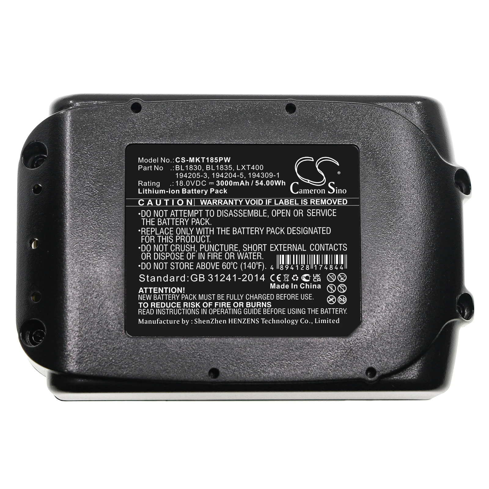 

Сменная батарея CS для Makita BCL180F, BCL180W, BCL180ZW, BCS550, BCS550F, BCS550RFE, BCS550Z, BDA350, артикул: 194205-3, 3000 мАч / 54 Вт·ч