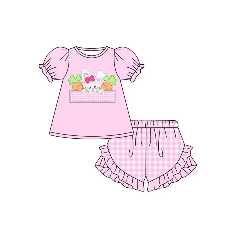 Children's Easter Kids Suit Toddler Baby Girl Print Carrot Rabbit Pink Short Sleeve Shirt Plaid Shorts Suit