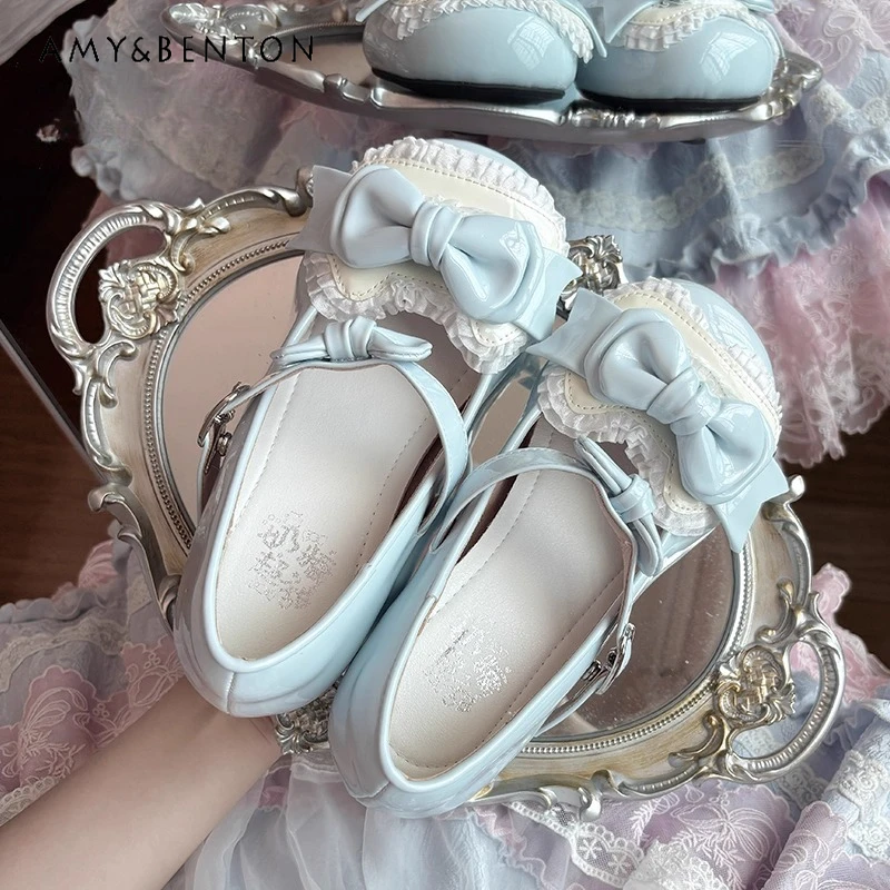 

Оригинальные универсальные кожаные туфли Мэри Джейн на среднем каблуке в стиле Лолиты на массивном каблуке JK, однотонные универсальные кожаные туфли с милым бантом и круглым носком