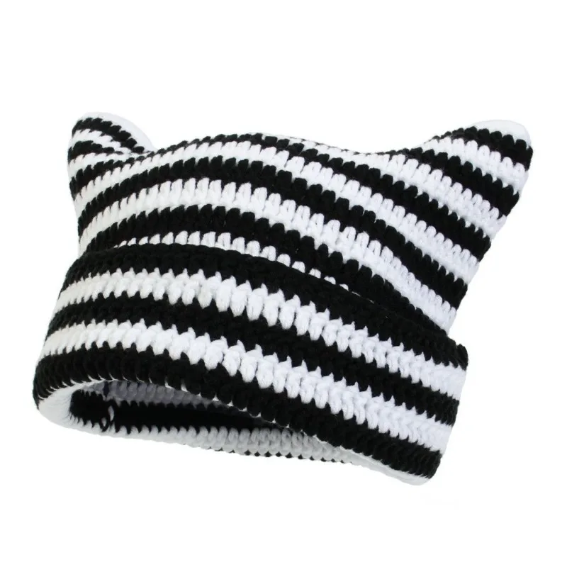 Striped Cat‑Eared Knitted Beanie Hand‑Crochet Stretch Warm Hat Multiple Color Matching Cute Aesthetic Headcap for Daily Matching