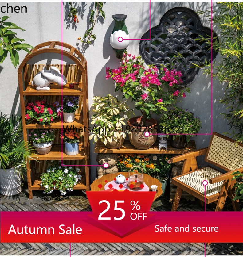 Garden Teak Slate Solid Wood Flower Stand Garden Balcony Succulent Bonsai Shelf