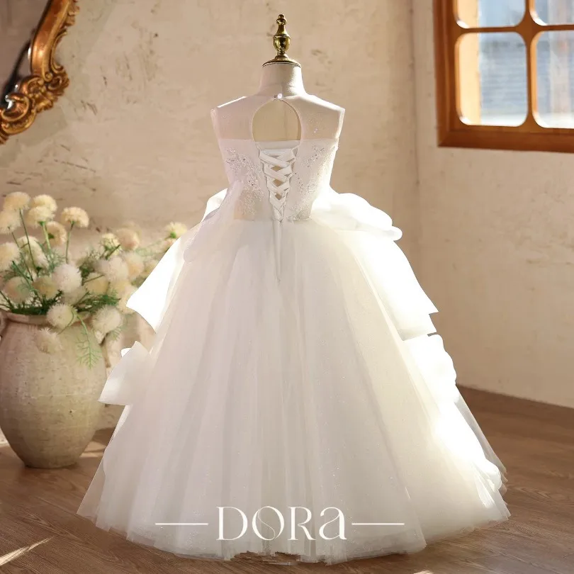 Bodenlanges Blumenmädchenkleid aus Tüll mit Spitze und Schleife, Prinzessinnenkleid für Hochzeit, Party, Geburtstag, Festzug, formelle Kleider für Mädchen A5086 – Detail 6