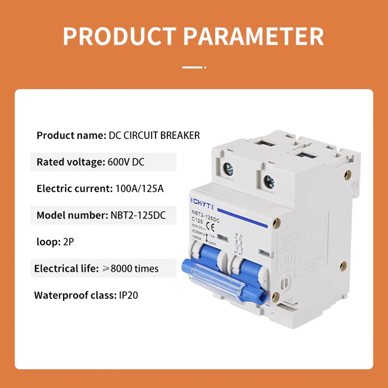 XIONGISOLAR NBT2-125DC 2P PV Din Rail DC 600V 80A 100A/125A 10kA C Curve Solar Switch Mini Circuit Breaker MCB