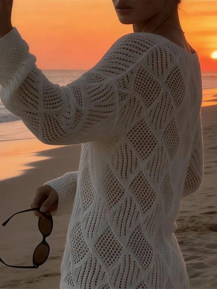 

Elegant V-neck Long Sleeve Knitted Blouse Women Casual Hight Street Solid Color Sweater Fashion Hollow Out Loose Pullover Smock