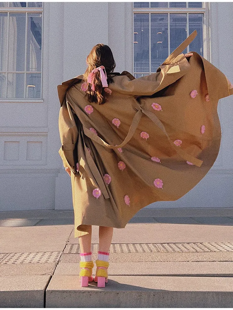 

Women's Knitted Flower Long Trench Coat Turn Down Neck Long Sleeve Long Jacket Loose Casual Coat With Belt 2025 New Autumn Coat