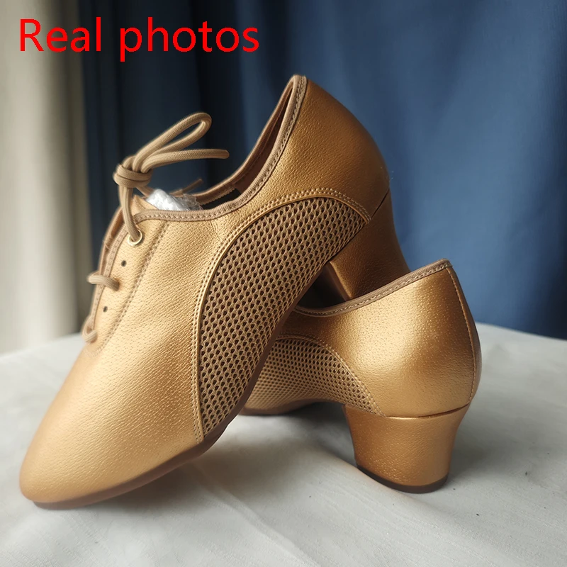 Gold Dance Shoes women mesh leather latin dance shoes soft rubber soles ballroom dance sneakers women high heels modern dancing