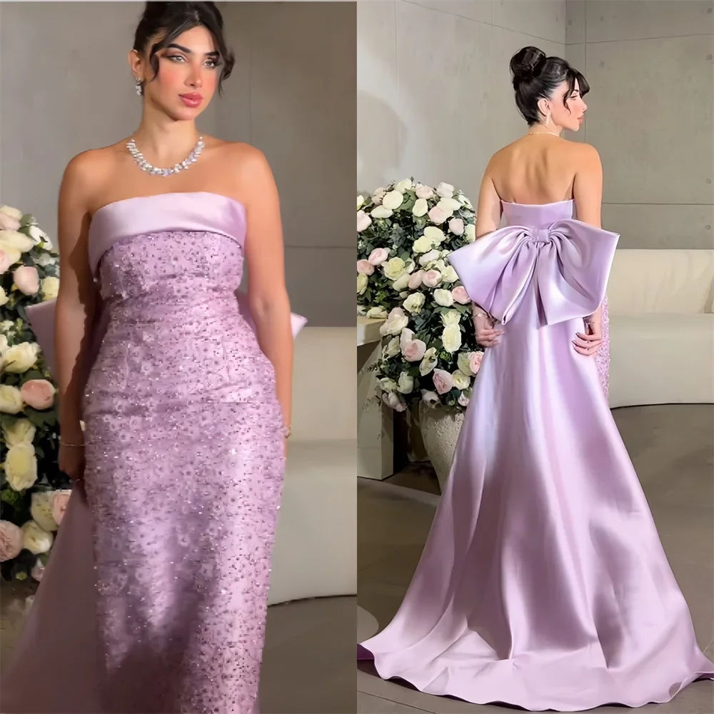 

Evening Dress Saudi Arabia Dearin Strapless Column Floor Length Open Back Skirts Bows Sleeveless Sequin Bespoke Occasion Dresses