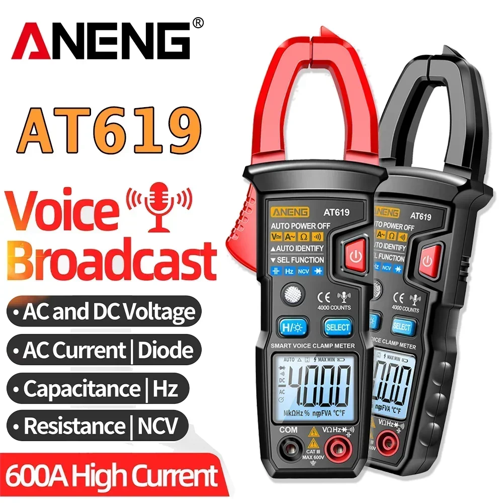 

ANENG AT619 Clamp Meter Voice Broadcast AC Current Multimeter Ammeter Voltage Tester Car Amp Hz Capacitance NCV Ohm Tester Tools