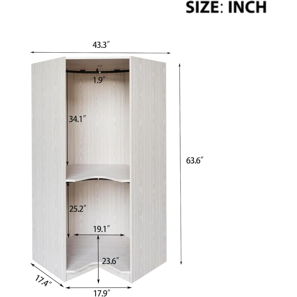 Corner Wardrobe Closet Organizer with 2 Hanging Rails & Shelves, Space-Saving Household Polygon Wooden Armoire,Natural