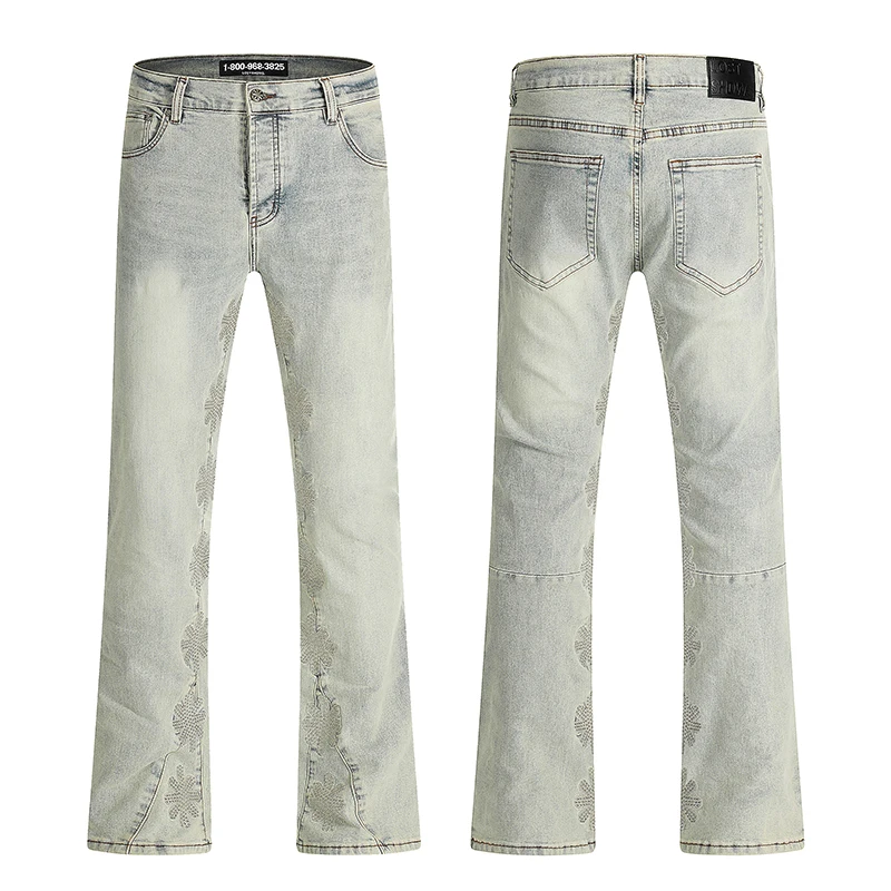 

LOSTSHDWS JEANS Heavy Embroidery Logo Patchwork Slim Straight Jeans American Streetwear