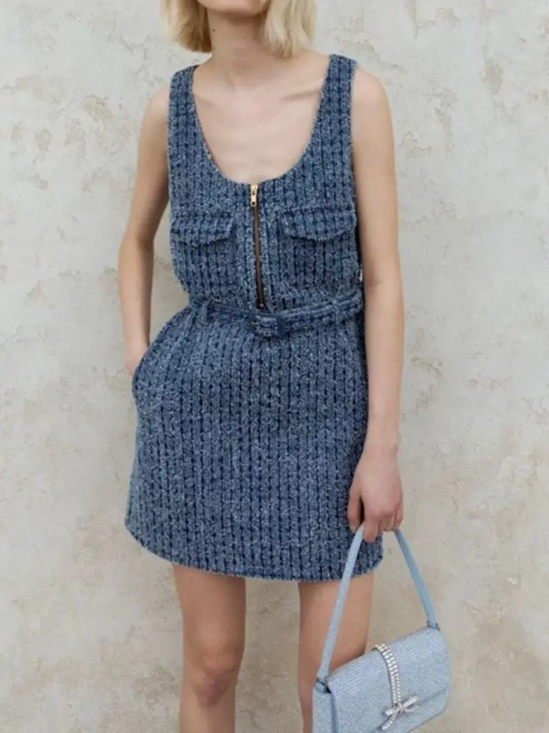 Women Denim Sling Dress Half Zipper O-Neck Sleeveless High Waist Fashion Autumn 2024 Mini Robe with Belt