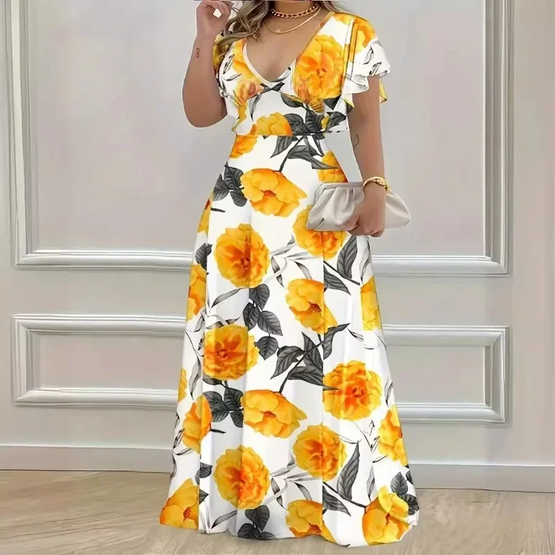 Damska XL-5XL Plus Size Gorąco sprzedająca się elegancka i swobodna długa sukienka z nadrukiem z dekoltem w szpic i dużym dołem dla odzieży damskiej