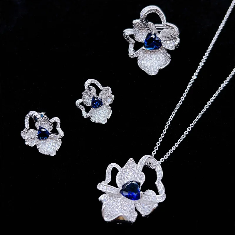 S925 pure silver flower set ring, necklace and stud earrings for women, exquisitely luxurious with full diamonds
