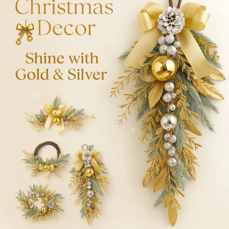 

Искусственный рождественский венок, ветка из ротанга, Золотая гирлянда для входной двери, подвесная стена, в помещении, на открытом воздухе, Рождественский орнамент, декор