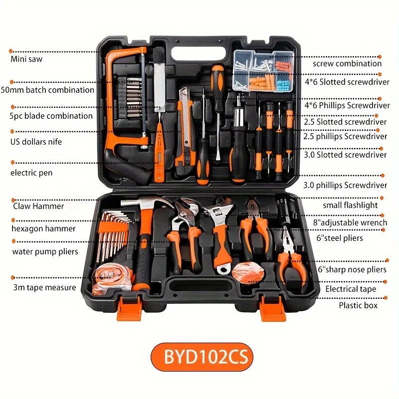 102pcs Complete Hand Tool Kit for Home and Auto Repair - Durable Metal Tools with Convenient Plastic Storage Case