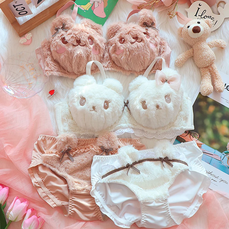 Winter cute plush underwear bear cartoon Japanese non-steel ring bra set warmth women large size lingerie panty suit